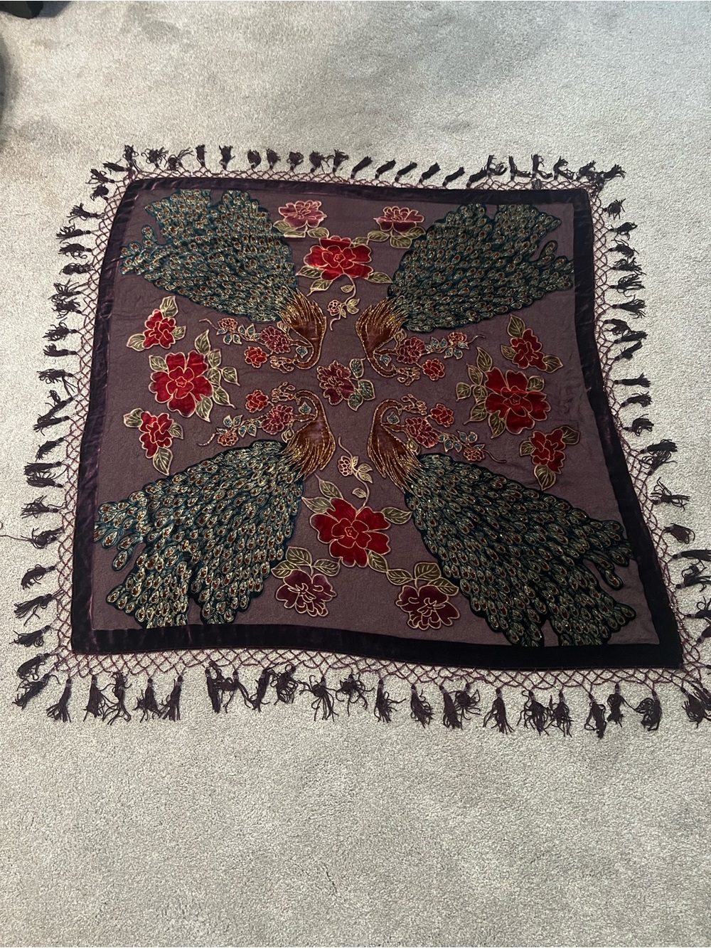 SHANAX Silk Velvet Peacock Shawl Beaded Embroidered Floral Fringe 41.5”